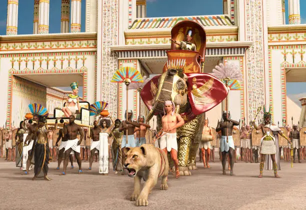 Egyptian pharaoh parading a war elephant through his capital city accompanied by his queen, priests and slaves, 3d render.