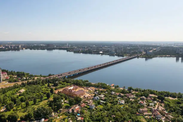Aerial panoramic view of Voronezh River, drone point of view from central district of Voronezh.