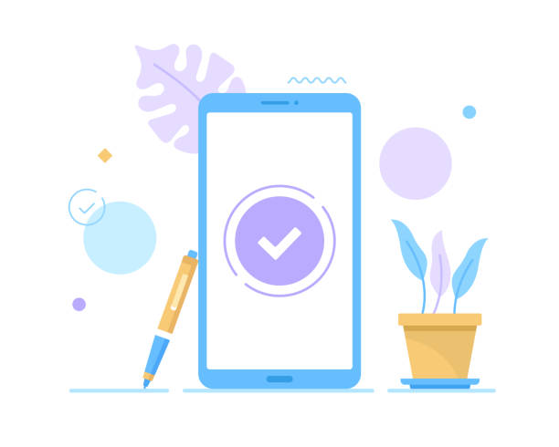 флажок. мобильный телефон с галочкой на экране. смартфон с галочкой. согласен, утвердить, онлайн-опрос, принять кнопку, обновить полные конц� - signature electrical equipment signing pen stock illustrations