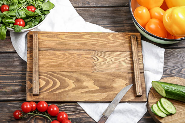 istock Empty cook table for product montage. Free space for your text. Grocery vegetable background for a healthy diet. Flat style 1327003388