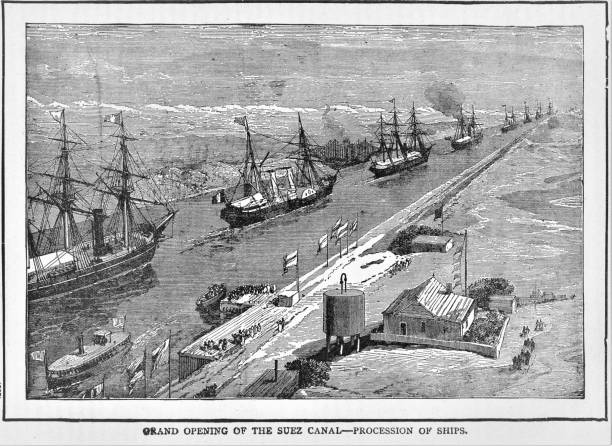 suez canal öffnet 1869, weltgeschichte - sueskanal stock-grafiken, -clipart, -cartoons und -symbole