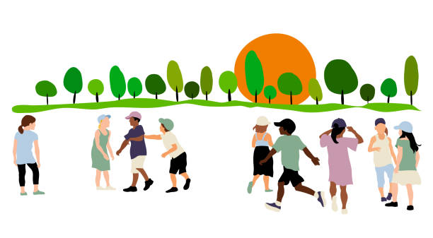 Recess Schoolyard Socializing Large group of little kids playing outdoor, colorful flat design illustration african american boy drawing stock illustrations