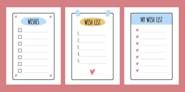 Vector illustration of Wish list elements for bullet journal. Page template with check boxes and numbers. Wishlist. Vector illustration isolated