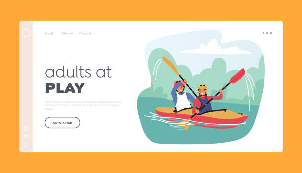 Kayaking, Rafting Sport Landing Page Template. Sportsmen Rowing in Kayaks at River Stream. Wild Nature and Water Fun Kayaking, Rafting Sport Landing Page Template. Sportsmen Rowing in Kayaks at River Stream. Wild Nature and Water Fun on Summer Vacation. Tourists Company Extreme Activity. Cartoon Vector Illustration rafting kayak kayaking river stock illustrations