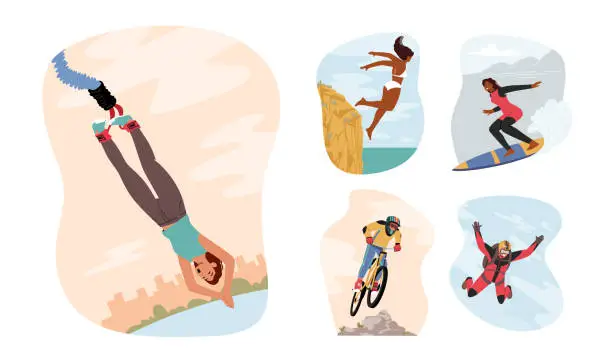 Vector illustration of Set Extreme Sport and Recreation. Male and female Characters Bungee and Cliff Jump, Parachuting Base Jumping, Surfing