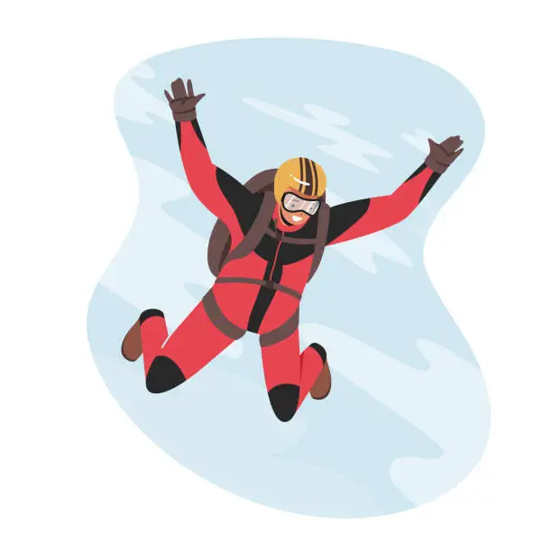 Vector illustration of Base Jumping Extreme Activities, Recreation. Skydiver Jumping with Parachute Soaring in Sky. Skydiving Parachuting