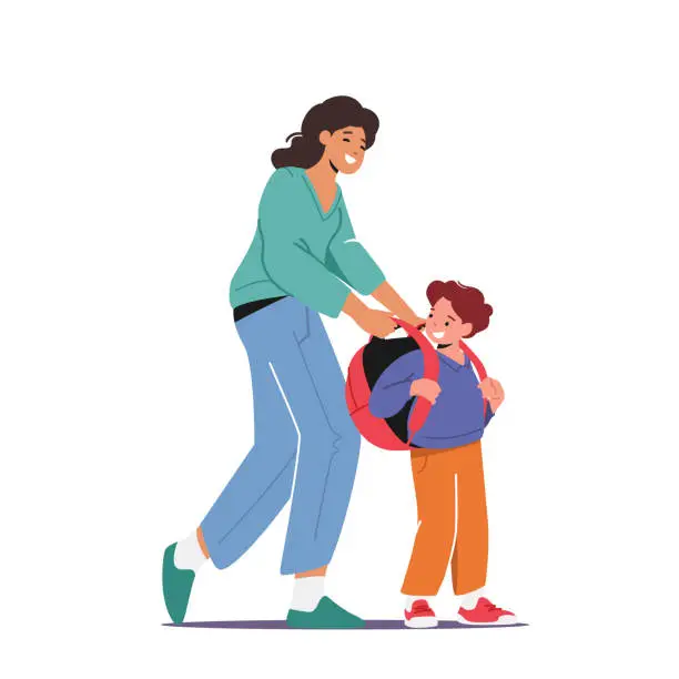 Vector illustration of Back to School, Education and Preparation for Studying. Mother Take On Rucksack on Schoolboy Prepare for Lesson