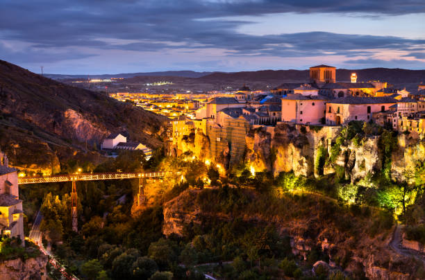 Cuenca Cathedral and San Pablo Bridge at sunset. Castile - La Mancha, Spain