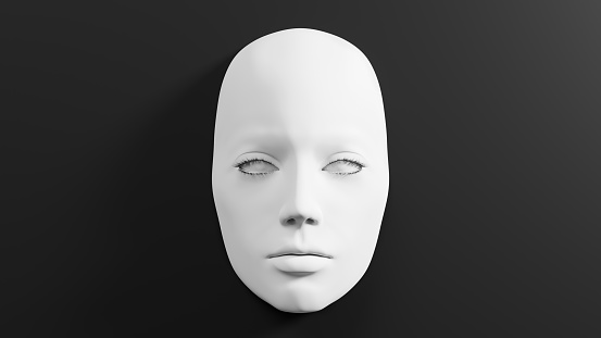 White plastic female mask on black background. 3D rendered image