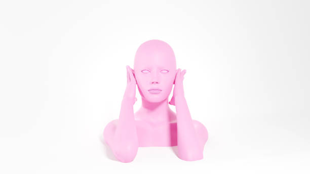 istock Pink female mannequin covering ears by palms. Silence or deafness concept. 3D rendered image. 1327012872