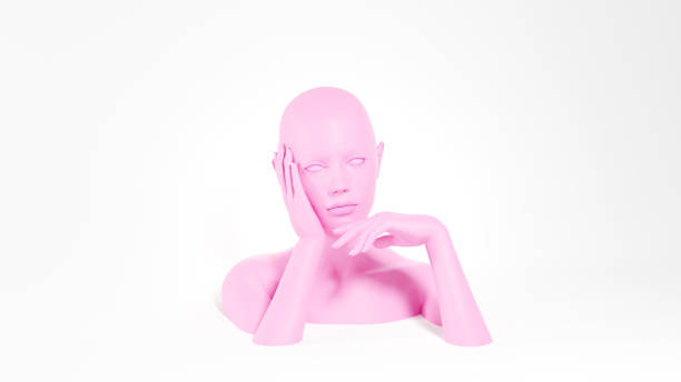 istock Bored pink female mannequin with hand under the head. Boredom concept. 3D rendered image. 1327012873