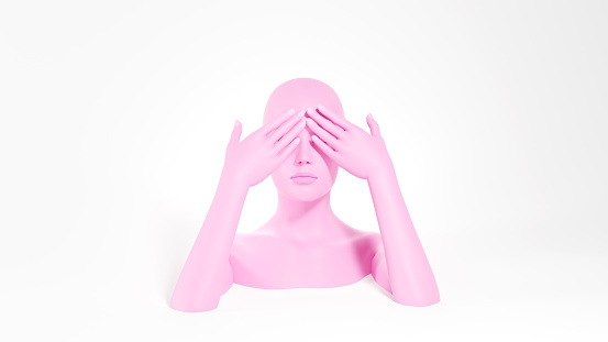 Pink female mannequin covering eyes by palms. Blindness concept. 3D rendered image.