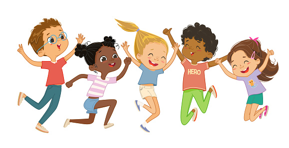 Multicultural boys and girls play together, happily jump and dance. Concept of fun and vibrant moments of childhood. Vector illustrations