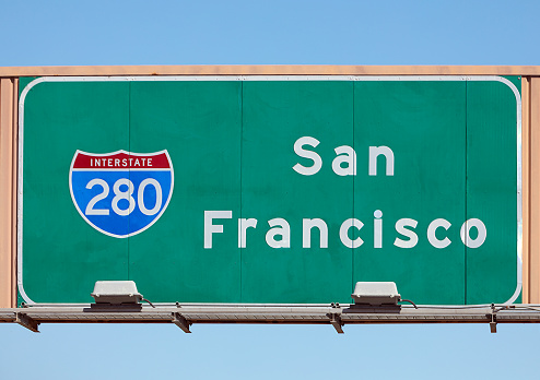 San Francisco Interstate sign for turn off to San Francisco California on Interstate 280.
