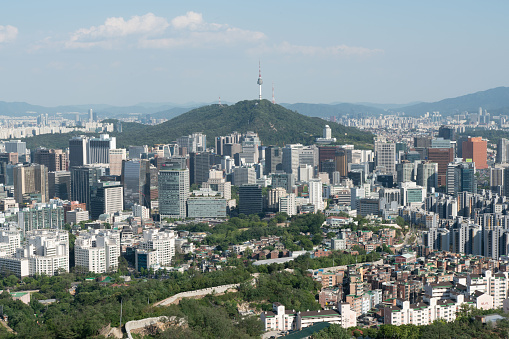 Bright day of Namsan Tower and cityscape of on Seoul, South Korea.