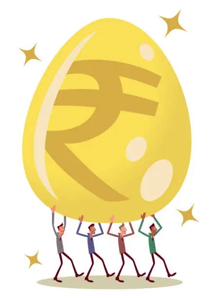 Vector illustration of Multi-Ethnic Group of businessmen cooperating to carry a big golden egg which has a currency symbol on it. A business that lays the golden egg