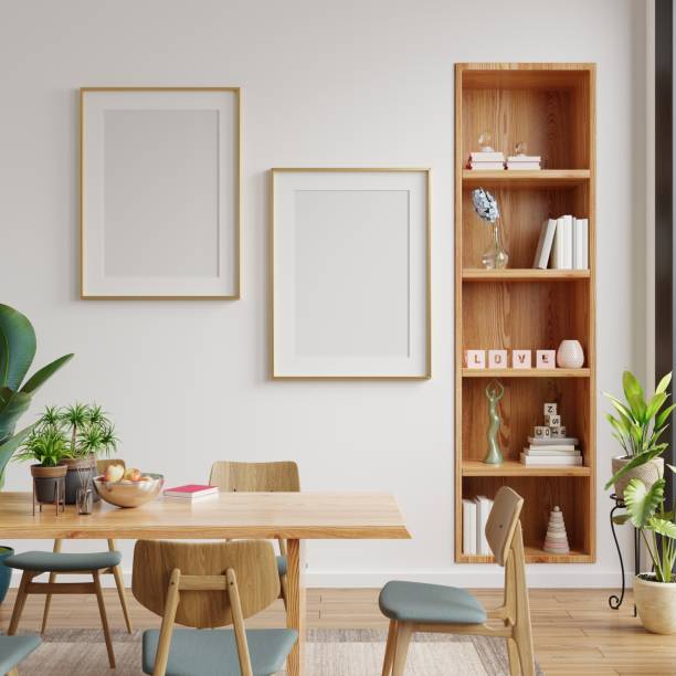 istock Mock up poster in modern dining room interior design with white empty wall. 1327020834