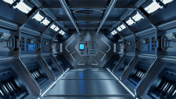 istock Science background fiction interior rendering sci-fi spaceship corridors blue light. 1327021358