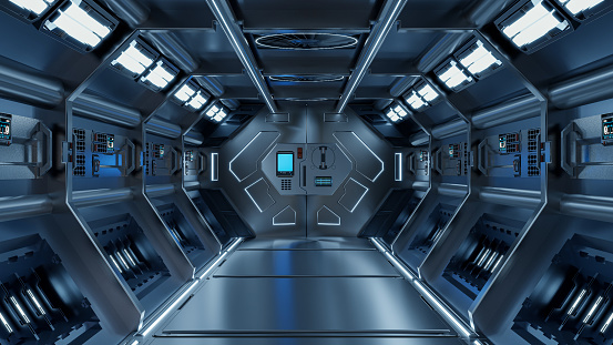 Science background fiction interior rendering sci-fi spaceship corridors blue light,3D rendering
