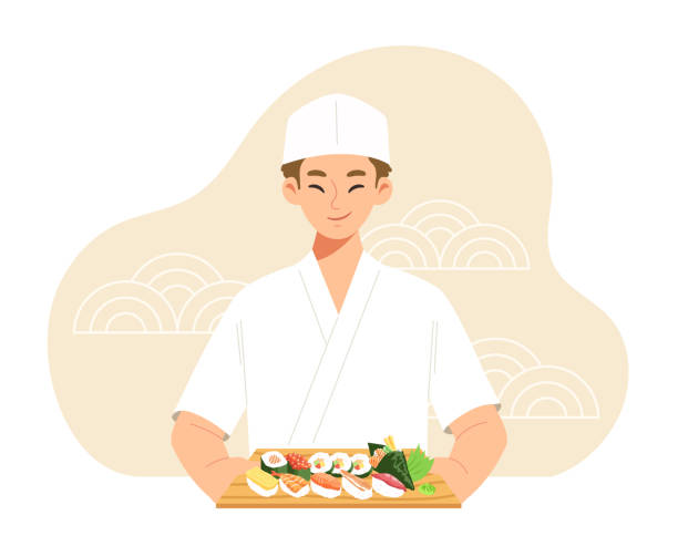 ilustraciones, imágenes clip art, dibujos animados e iconos de stock de chef japonés sonriendo y sosteniendo un conjunto de sushi. - made in japan