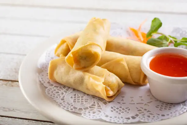 A view of a plate of egg rolls.