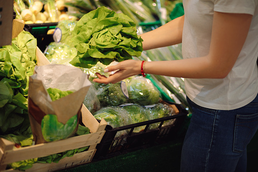 Young woman with beautiful well-groomed hands is packing armful of lettuce standing in greenery department. Organic food and vitamins. Proper nutrition. Dietary nutrition. Taste and pleasure.