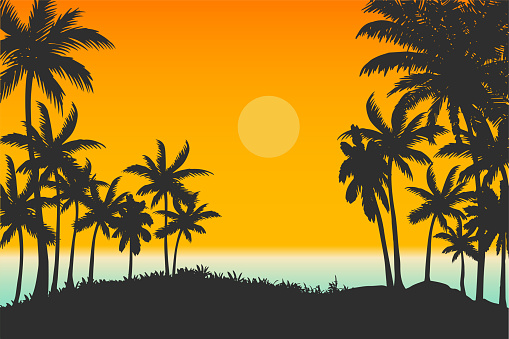 tropical beach natural scenery vector, ocean and palm trees sunset background