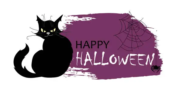 Vector illustration of A text frame with a black cat for Halloween in the grunge style. An evil character. A design element with creepy festive attributes. Vector image in cartoon style on a white background.