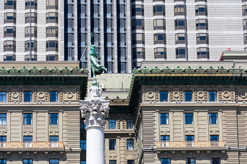 The Westin St. Francis San Francisco on Union Square hotel building exterior details. The Goddess of Victory statue atop the Dewey Monument. - San Francisco, California, USA - July, 2021