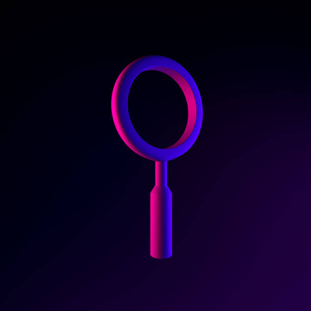 istock Neon minimalistic magnifier icon. 3d rendering ui ux interface element. Dark glowing symbol. 1327035869