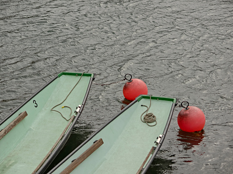 Boats moored to buoys on the river
