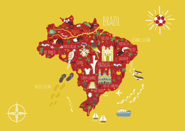 brasilien illustriert flache karte vektor auf gelbem hintergrund, geographische cartoon banner vorlage mit sehenswürdigkeiten, museum, kirche, traditionelles essen, brasilianischen karneval, tier, blumen, design für reise-plakat - brazil stock-grafiken, -clipart, -cartoons und -symbole