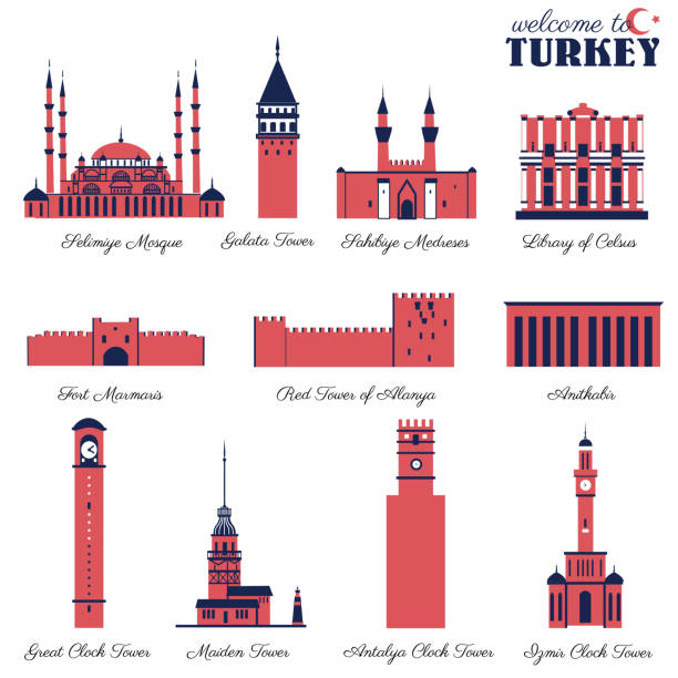 selimiye moschee, sahibiye medreses, großer uhrenturm, adana, bibliothek von celsus, galata, maiden castle von istanbul, roter turm von alanya, fort marmaris, uhrenschloss von antalya, izmir, anitkabir ankara - izmir stock-grafiken, -clipart, -cartoons und -symbole