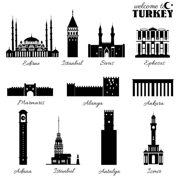 мечеть селимие, сахибийе медрезес, большая часовая башня в адане, библиотека целса эфеса, девичья башня, галата стамбула, красная башня алан - izmir stock illustrations