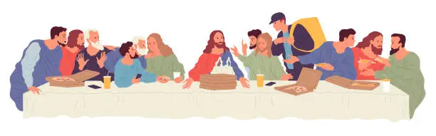 Vector illustration of People sitting at table with food delivered by courier from food delivery service. Illustration based on Leonardo Da Vinci painting The Last Supper