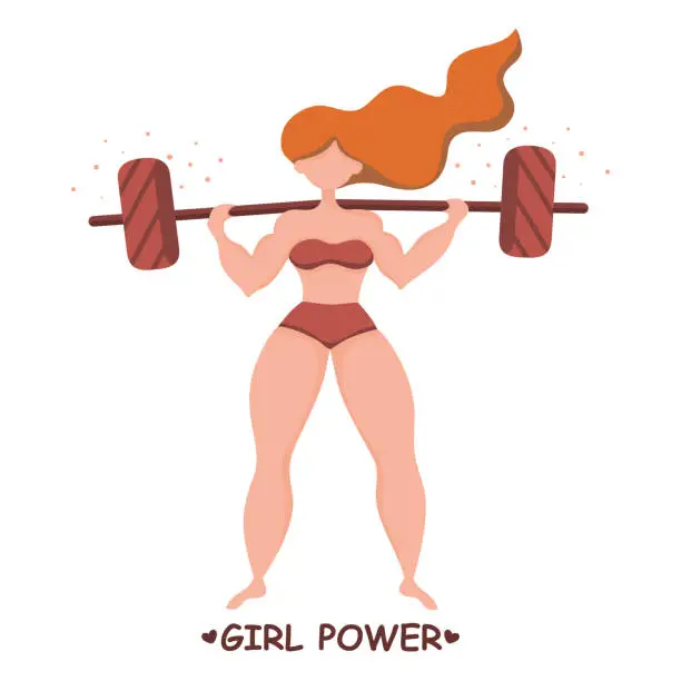 Vector illustration of Bright advertising banner with strong pumped up sports girl. Subscription Girl power. Weightlifting. Love your body. Vector illustration in cartoon style isolated on white.