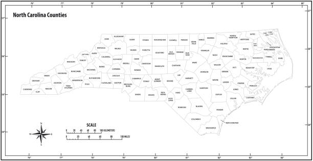 illustrations, cliparts, dessins animés et icônes de carte vectorielle administrative et politique de l’état de caroline du nord en noir et blanc - north carolina