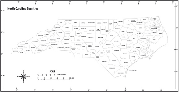 north carolina state outline administrative and political vector map in black and white
