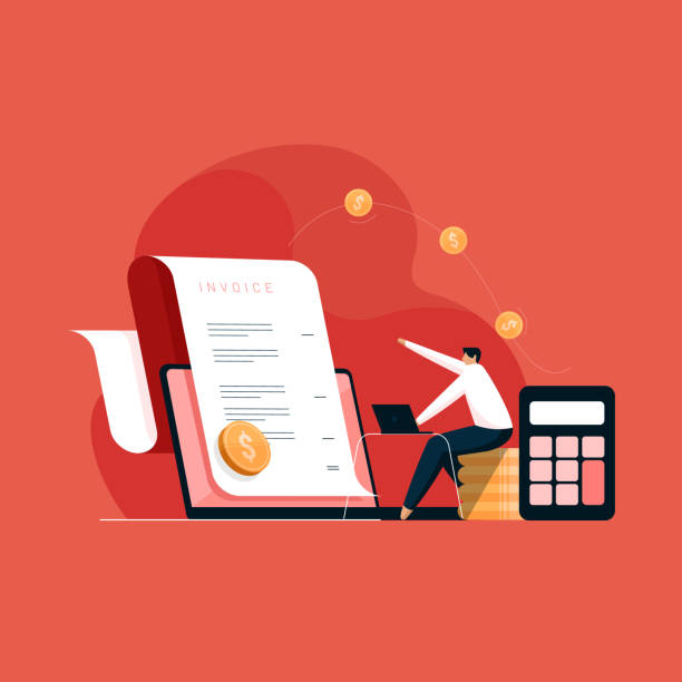 sending and receiving payment using electronic invoice. person preparing invoice on laptop. financial accounting report - bütçe illüstrasyonlar stock illustrations