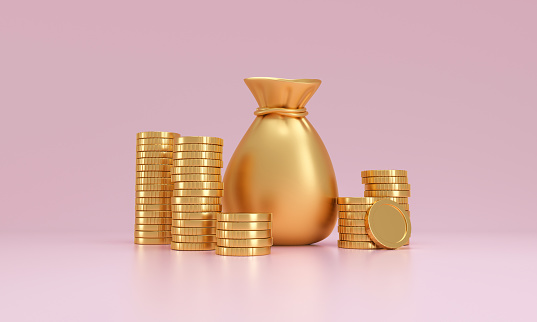 Stack of gold coins and a sack of money on a pink background. abundance concept. 3d rendering.