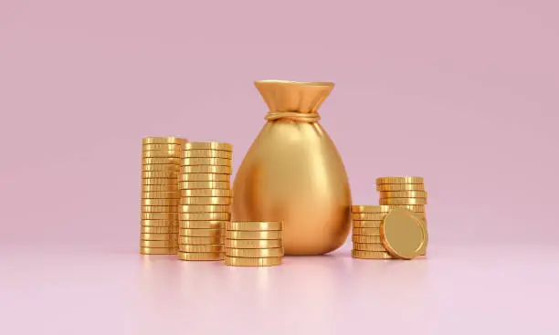 Photo of Stack of gold coins and a sack of money on a pink background. abundance concept.