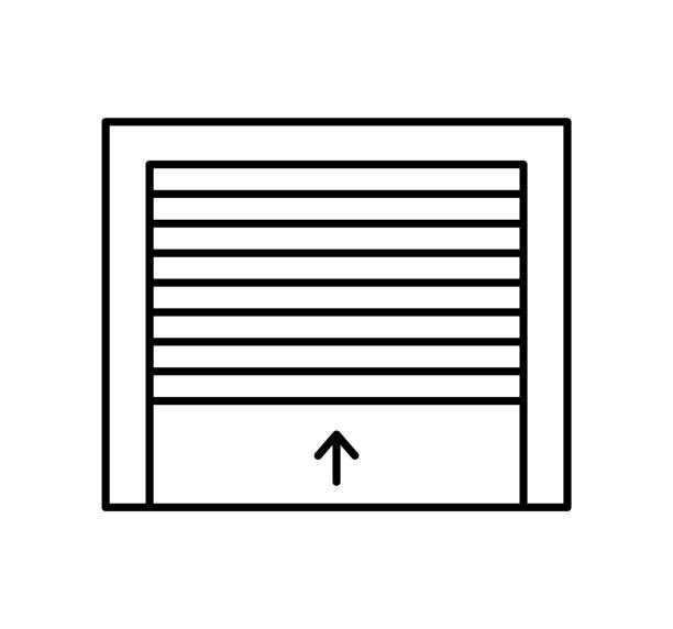 Rolling up garage door. Black & white vector illustration. Line icon of warehouse gate. Symbol for exterior design. Isolated object Rolling up garage door. Black & white vector illustration. Line icon of warehouse gate. Symbol for exterior design element. Isolated object roll a door stock illustrations