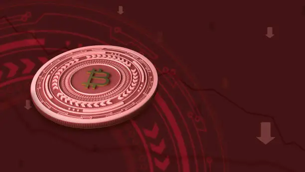 Red Bitcoin background. Drop of the price concept.
