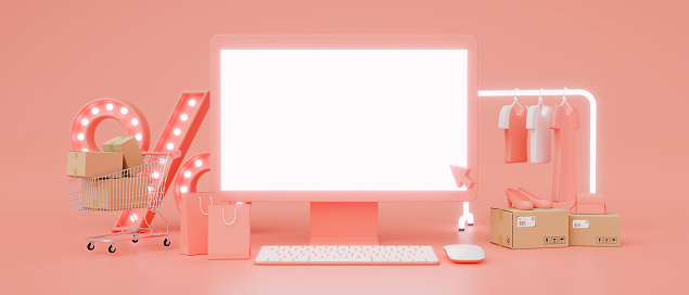 Online shopping concept, computer monitor with mock-up screen and online store on pink background, 3D rendering, 3D illustration