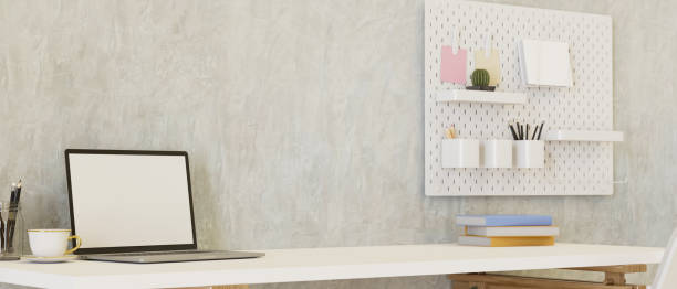istock Workspace with laptop, stationery on the desk and shelf on loft wall, copy space, 3D render 1327041725