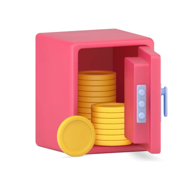 open volumetric safe with gold coins. pink armored vault with columns of circles made precious metal - kasalar ve kasa daireleri stock illustrations