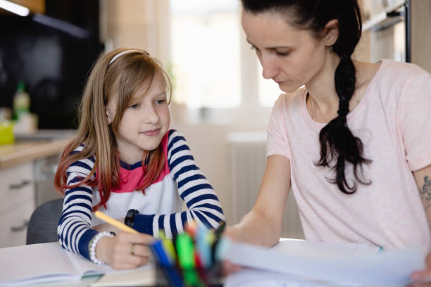 istock Elementary age girl learning with her mother at home, challenges of distance learning 1327041980