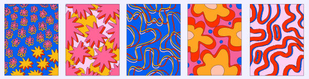 vintage vector interior posters in hippie style.70s and 60s funky and groove postcards.Psychedelic patterns with curves, stars, flowers, shapes.Abstract shapes for wallpaper and back.Low contrast vintage vector interior posters in hippie style.70s and 60s funky and groove postcards.Psychedelic patterns with curves, stars, flowers, shapes.Abstract shapes for wallpaper and back.Low contrast funky stock illustrations