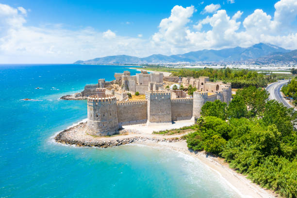Panoramic view of the Mamure Castle in Anamur Town, Turkey stock photo