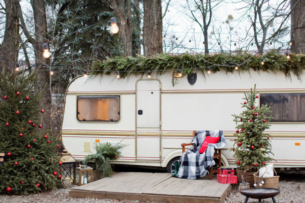 istock Travel trailer with Christmas decorations 1327047018